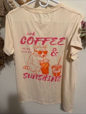 SHEIN Cream Tee with Pink & Orange Graphic 'Iced Coffee & Sunshine'